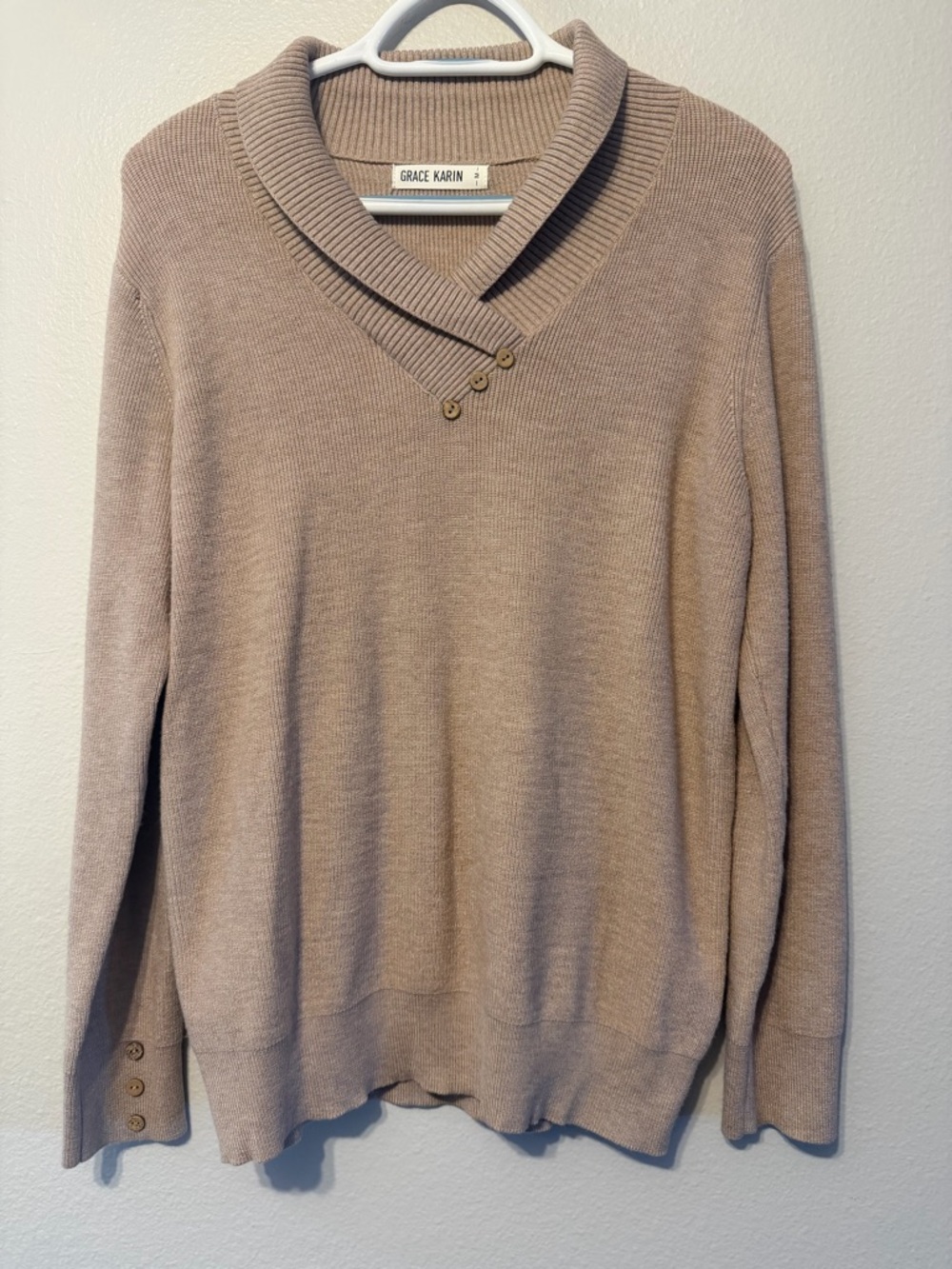 Grace Karin Beige Taupe V-Neck Sweater with Button Accents